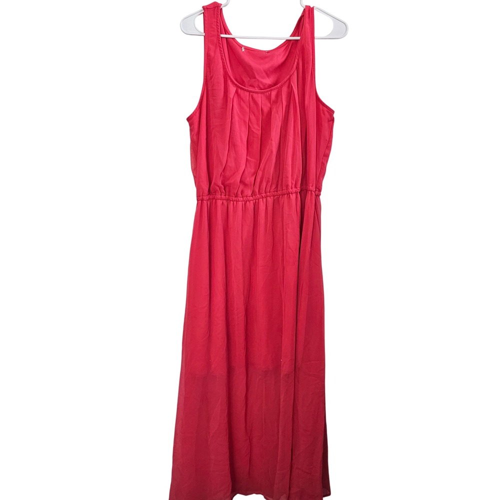 Red Sleeveless Pleated Scoop Neck Elastic Waist Maxi Dress Summer Boho